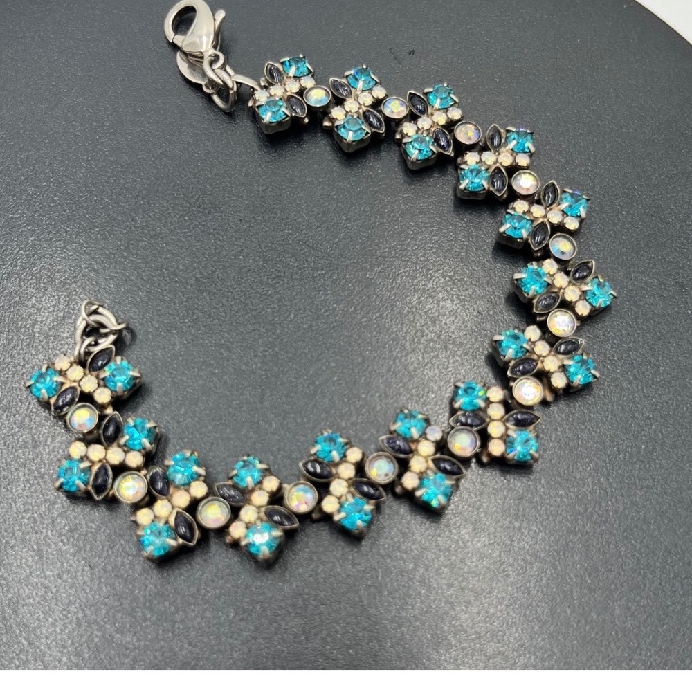 SORRELLI Teal Blue & White Crystal Geometric Antiqued Silver Bracelet